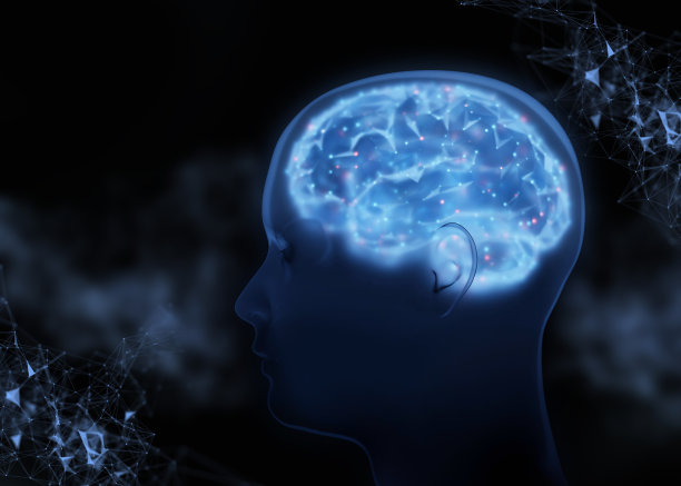 概念肖像3d渲染神经科学大脑或心理学蓝色暗背景。神经科学，大脑或心理学。神经科学，大脑，心理学全息图3d插图图片下载