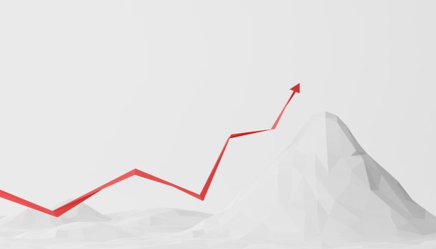 商业概念。白色的山低聚与红色生长箭头在白色的背景。ESG或持续增长的业务。三维演示图片下载