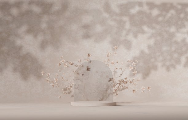 3D米色讲台或舞台和花朵。实物展台产品场景背景。三维讲台舞台图解图片下载