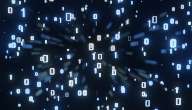 概念二进制码的技术背景。背景代码景深。数据数字二进制代码蓝色背景与镜头耀斑。三维演示图片下载