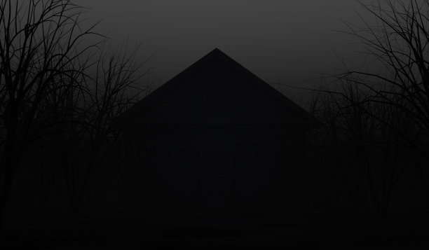 房子在恐怖的黑暗森林或夜间黑森林背景。可怕的场景背景。三维渲染图片下载