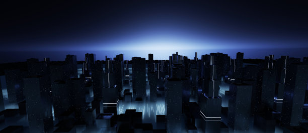 夜晚赛博朋克城市的概念，霓虹灯从水坑反射在抽象的街道黑暗背景上。鸟瞰图3d渲染图片下载