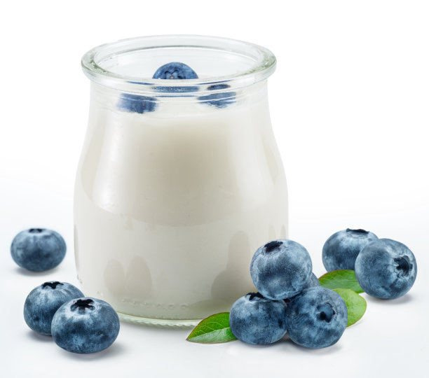 一罐自制的有机酸奶，在白色背景上分离出新鲜的蓝莓。图片下载