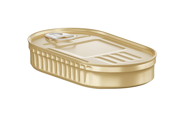 锡罐为新的设计与文字，3d渲染，模板，查看鱼罐头在金色的椭圆形容器图片下载