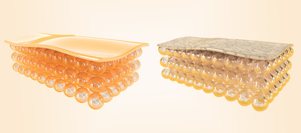 健康和受损皮肤的结构，年轻和年老，正常和干燥，胶原蛋白和弹性蛋白，3d渲染集图标。皮肤层，表皮和真皮，背景上有分离的细胞图片下载