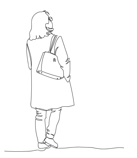 女人肩上背着包，穿着大衣。向上看。矢量插图在线艺术风格。图片下载