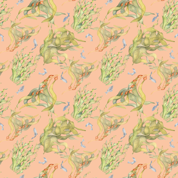 无缝图案的彩色海洋植物水彩插图孤立的粉红色。海带，海带，海草手绘。设计用于背景、纺织品、包装、包装、海洋收藏图片下载