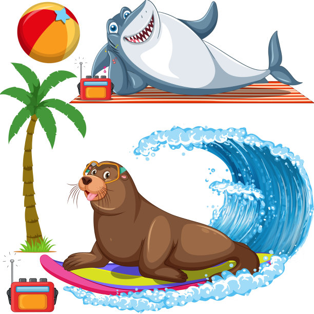 一套海洋生物卡通人物在夏天图片下载