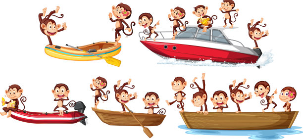 一组猴子在船上图片下载