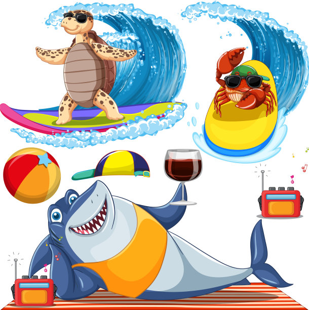 一套海洋生物卡通人物在夏天图片下载