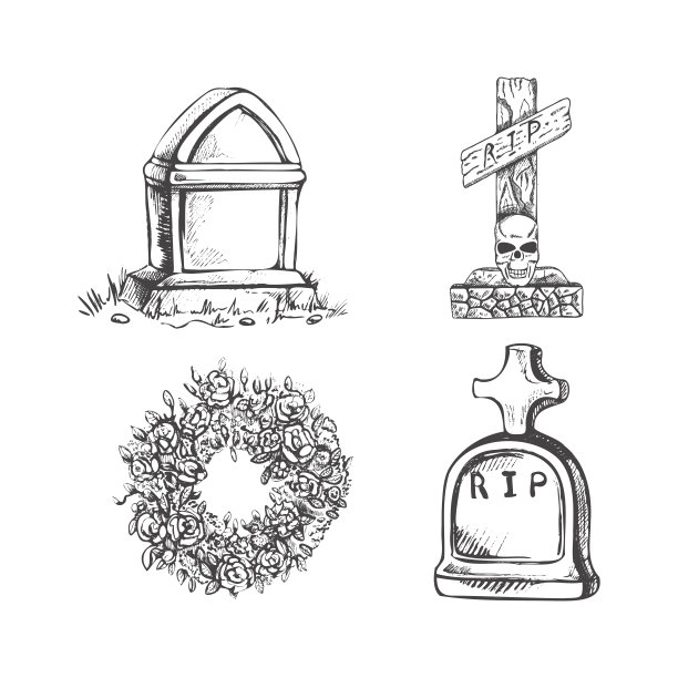 葬礼服务矢量手绘集。哀悼、损失、死亡、丧亲和墓地的属性和符号。复古仪式花圈，墓碑，棺材草图图片下载