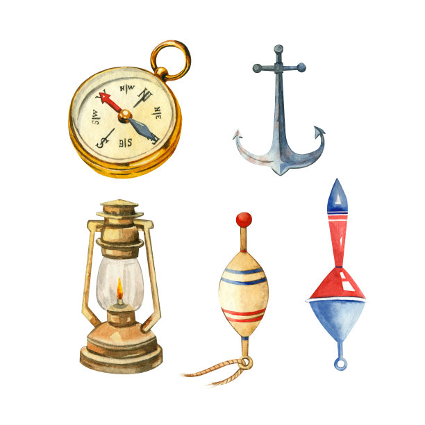 一组以海洋为主题的水彩元素:漂浮物，指南针，灯，锚，贝壳，在白色背景上孤立的手绘水彩。适用于请柬、明信片、装饰。图片下载