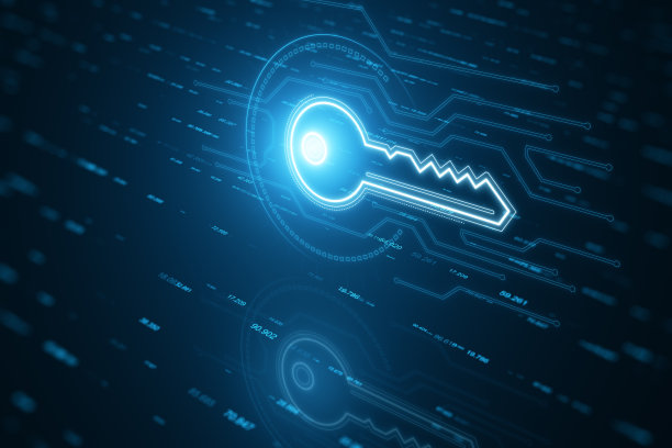 在模糊的背景上发光的钥匙全息图。虚拟住宅与未来概念。3 d渲染。图片下载