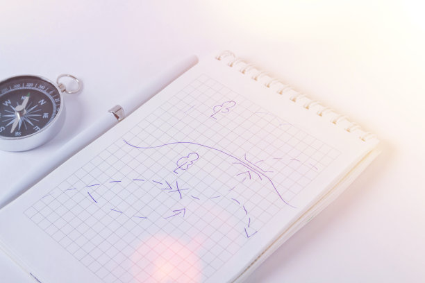 旅行者的笔记。一个干净的笔记本，上面有一支笔，可以写指南针和地图。旅行的概念。图片下载