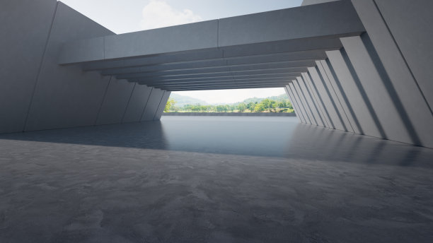 现代建筑抽象建筑设计。空停车场地板和混凝土墙与山和蓝天景观。图片下载