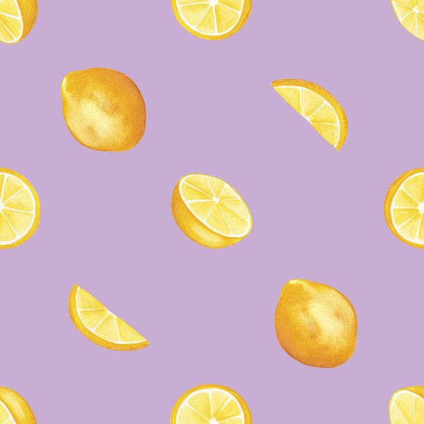 水彩无缝图案与柠檬和柠檬片在紫色的背景图片下载