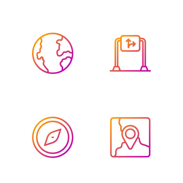 折叠地图与位置标记，指南针，地球和道路交通标志。渐变颜色图标。向量图片下载