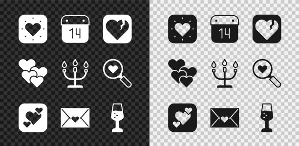 集心，日历与2月14日，破碎的心或离婚，信封情人节，香槟杯，烛台图标。向量图片下载