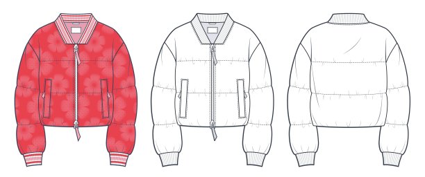 棉袄技术时尚插画。飞行员夹克时尚平面技术图纸模板，口袋，肋领，拉链，前后视图，白色，红色，女，男，男女通用CAD模型集。图片下载