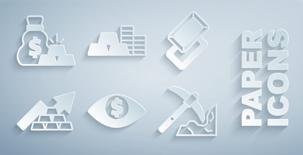 设置眼睛与美元，金条，增长箭头黄金，采矿，硬币和袋子的图标。向量图片下载