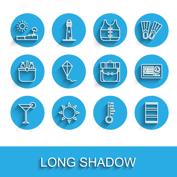 集线马提尼玻璃杯，太阳，沙滩伞和椅子，气象温度计，毛巾，风筝，护照签证印章和徒步背包图标。向量图片下载