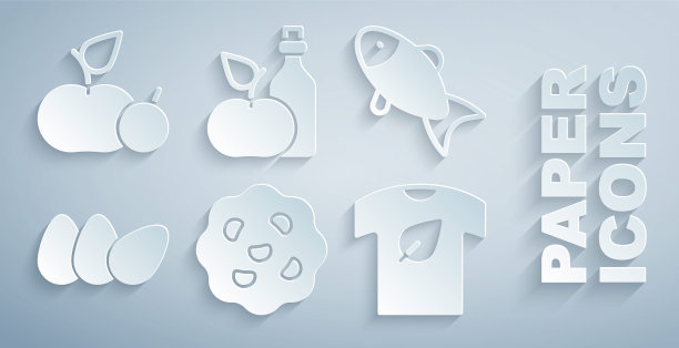 将饼干或饼干，鱼，鸡蛋，素食衬衫，苹果醋放入瓶子和图标中。向量图片下载