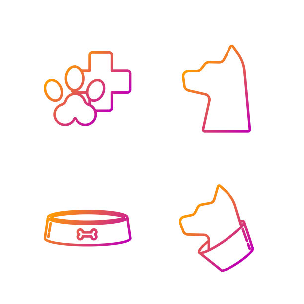 设置线猫，宠物食品碗，兽医诊所标志和猫。渐变颜色图标。向量图片下载