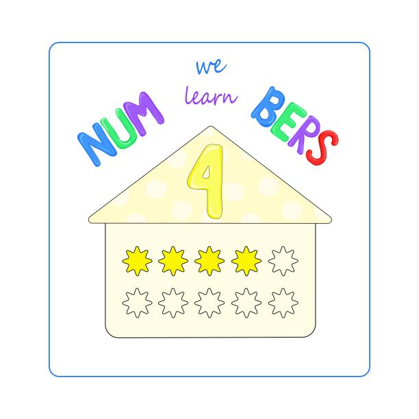 数字四表适用于初中和幼儿园，学习数字——卡片形式的房子，用于学习数字四，卡通风格的视觉数学表图片下载