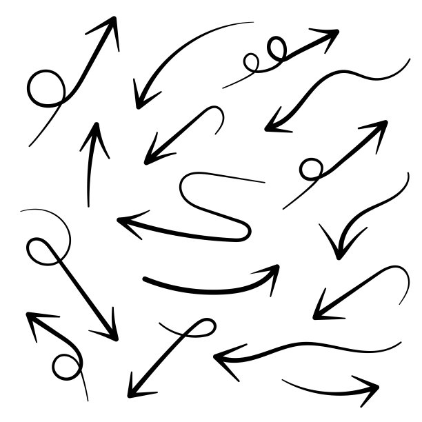 细型箭头。一组手绘矢量箭头在白色背景上涂鸦。矢量股票插图。图片下载