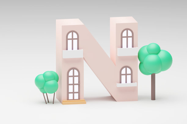 3d字母，灰色背景上的小房子形状的字母，3d渲染，字母N图片下载