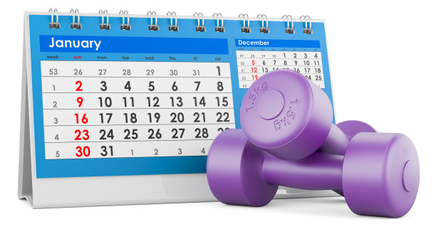 氯丁橡胶哑铃与台历，3D渲染图片下载
