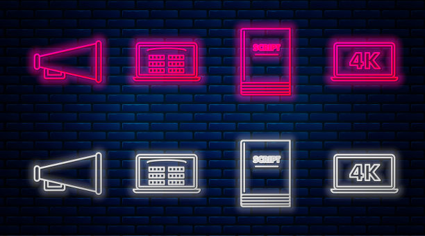在线购买电影票，场景，扩音器和笔记本电脑屏幕与4k视频技术。砖墙上发光的霓虹灯图标。向量图片下载