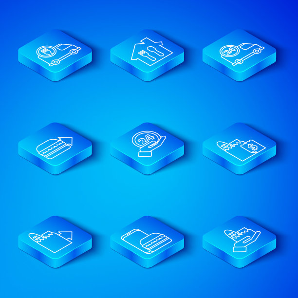 在线订购和送货，24小时时钟，快速汽车，汉堡，和图标。向量图片下载