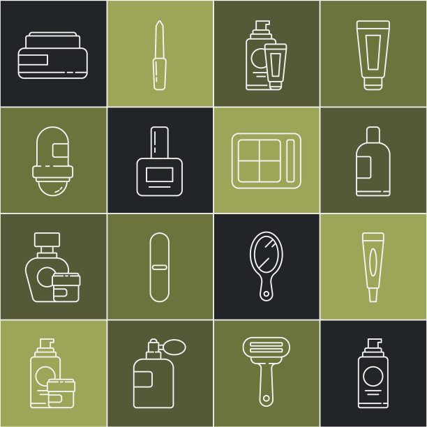 设定线喷雾罐的发胶，乳霜乳液化妆品管，瓶洗发水，指甲油瓶，止汗除臭剂卷，和眼影调色板图标。向量图片下载