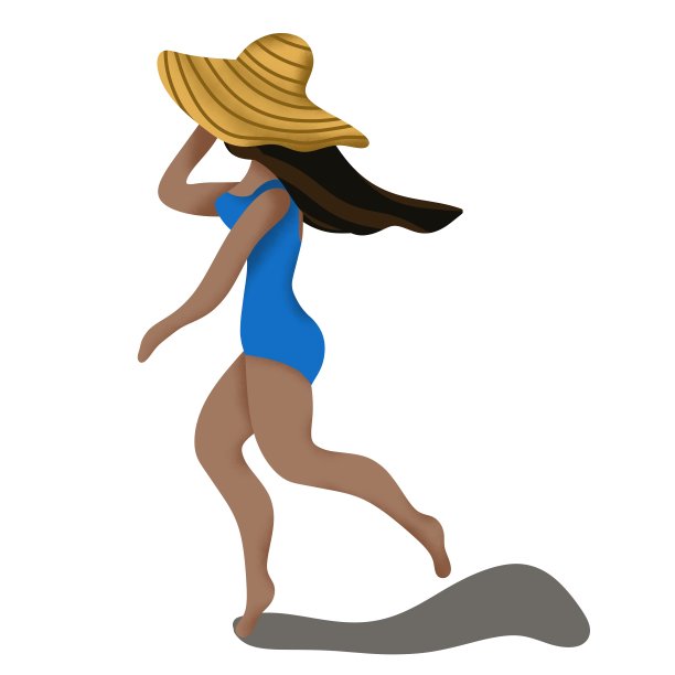 跑步的女人，黑色长发，穿着蓝色泳衣，戴着草帽，平面风格的数字插图图片下载