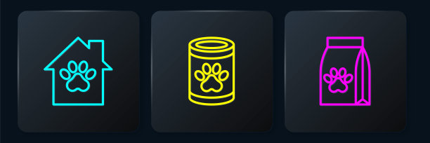 设置宠物屋，宠物食品袋和罐头。黑色方形按钮。向量图片下载
