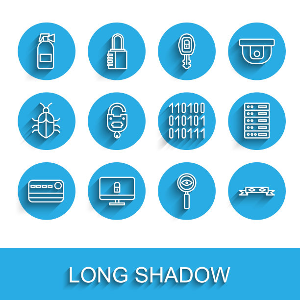 设置线信用卡，锁定计算机显示器，灭火器，放大镜搜索，小偷眼罩，和钥匙，服务器，数据，网络托管和二进制代码图标。向量图片下载