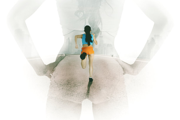 女运动员在跑道上跑步的双重曝光图片下载