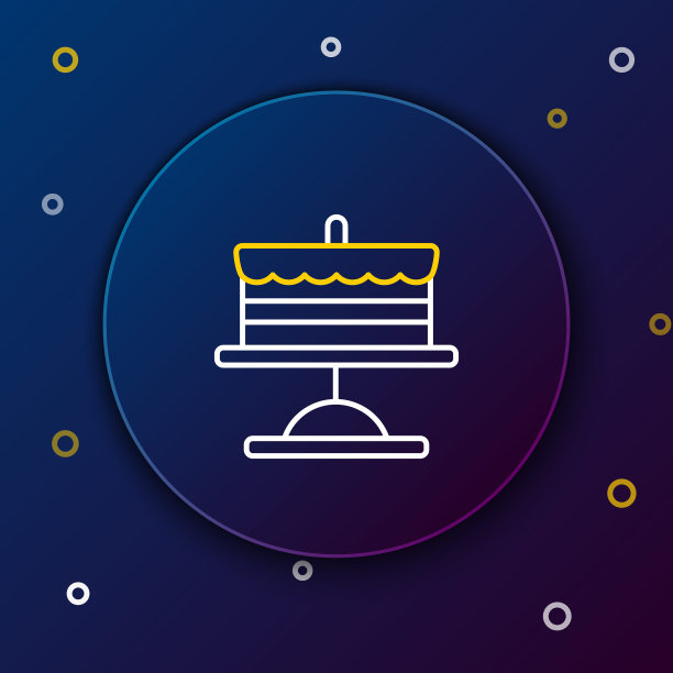 线蛋糕上的盘子图标隔离在蓝色背景。生日快乐。色彩缤纷的轮廓概念。向量图片下载
