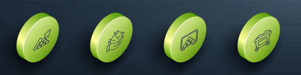 设置等距线增长箭头与金条，金块，安全和矿车图标。向量图片下载