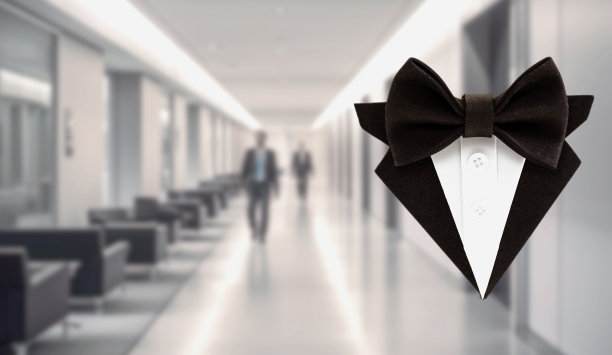 男士配饰，领结顶视图，平铺在模糊办公室内空间背景复制空间上图片下载