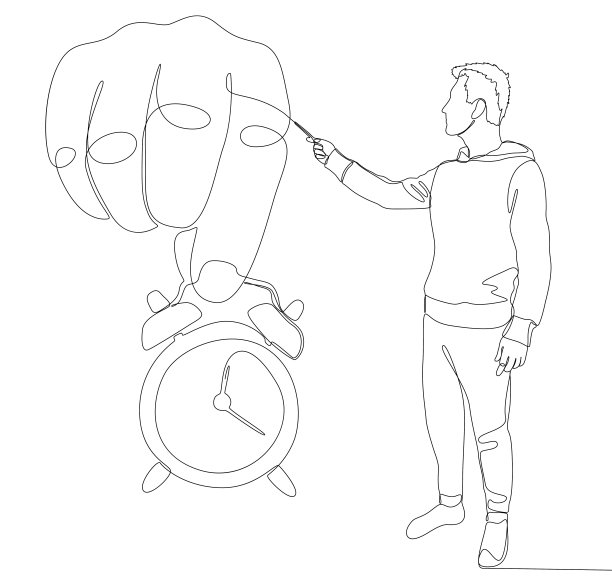 一个连续的人指着闹钟。细线插图矢量概念。轮廓画创意。图片下载