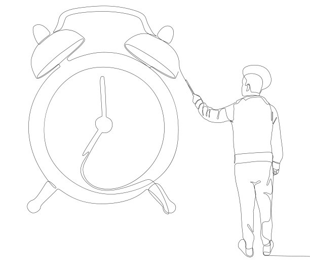 一个连续的人指着闹钟。细线插图矢量概念。轮廓画创意。图片下载