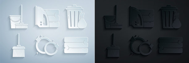 设置洗碗，垃圾桶和垃圾袋，处理扫帚，毛巾堆，电熨斗毛巾和拖把桶图标。向量图片下载