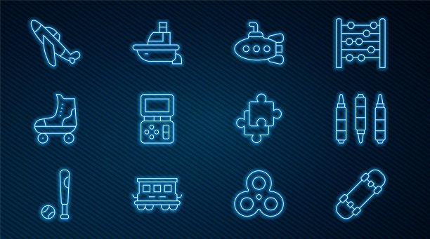 集线滑板，记号笔，潜水艇玩具，俄罗斯方块电子游戏，轮滑，玩具飞机，拼图和船的图标。向量图片下载