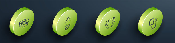 设置等距线监视器与心电图，哑铃，成人尿布和听诊器图标。向量图片下载