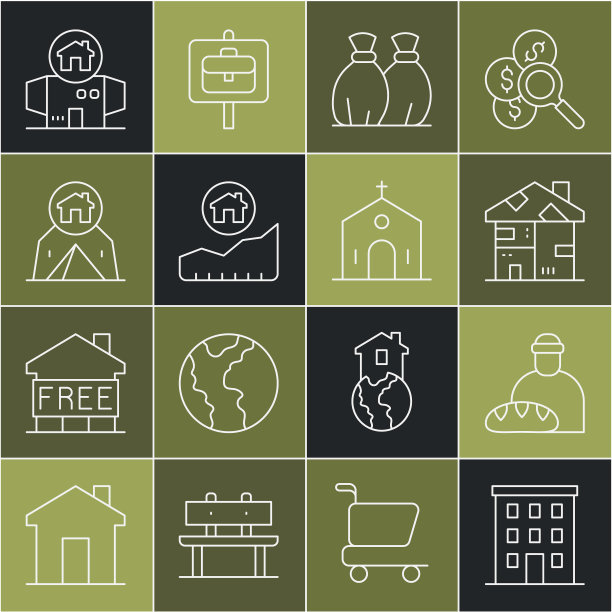 设置线多层建筑，喂养无家可归者，无家可归的纸板房子，垃圾袋，住房成本上升，旅游帐篷，和教堂图标。向量图片下载