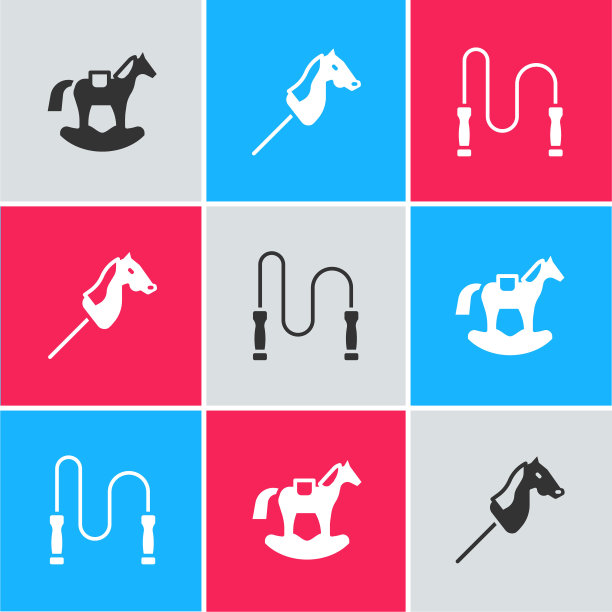 设置马在马鞍秋千，玩具马和跳绳图标。向量图片下载