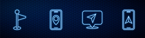 设置线路信息图的城市地图导航，位置标记，城市和。砖墙上发光的霓虹灯图标。向量图片下载