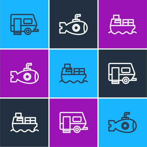 集线房车露营拖车，货船与箱子交付和潜艇图标。向量图片下载